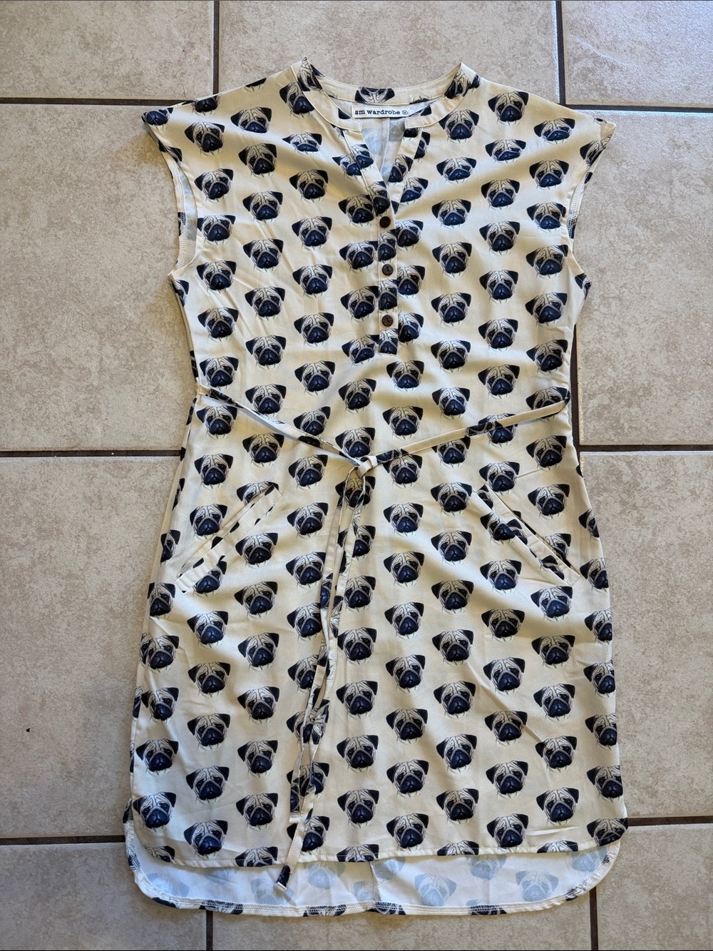 Wardrobe By Me Beige Pug Print Midi Dress